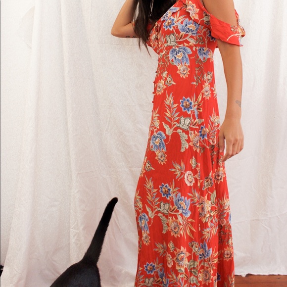 Red Floral Maxi Dress Off The Shoulder - Picture 2 of 3